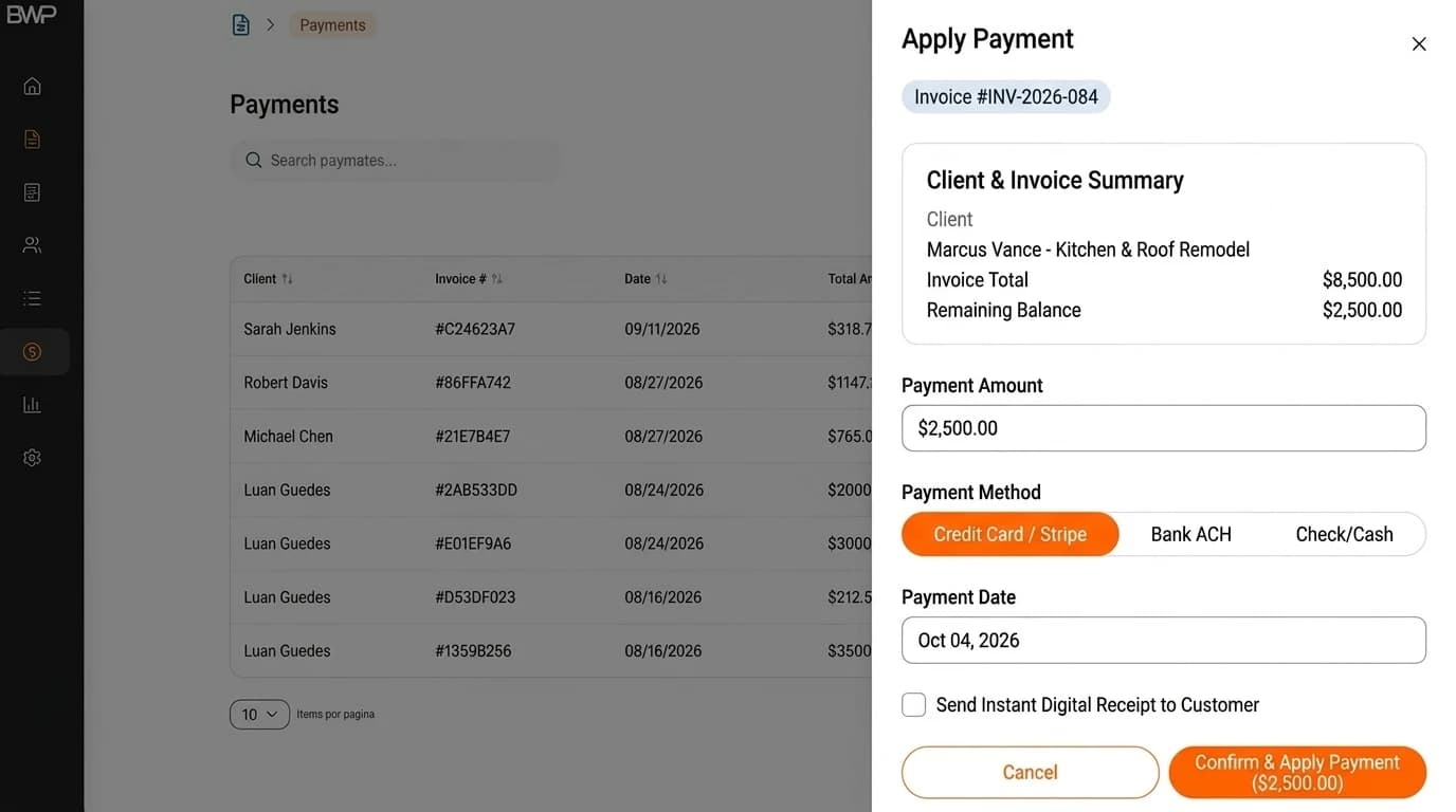 BuildWisePro real payment processing screen with Stripe credit card option and instant customer digital receipt