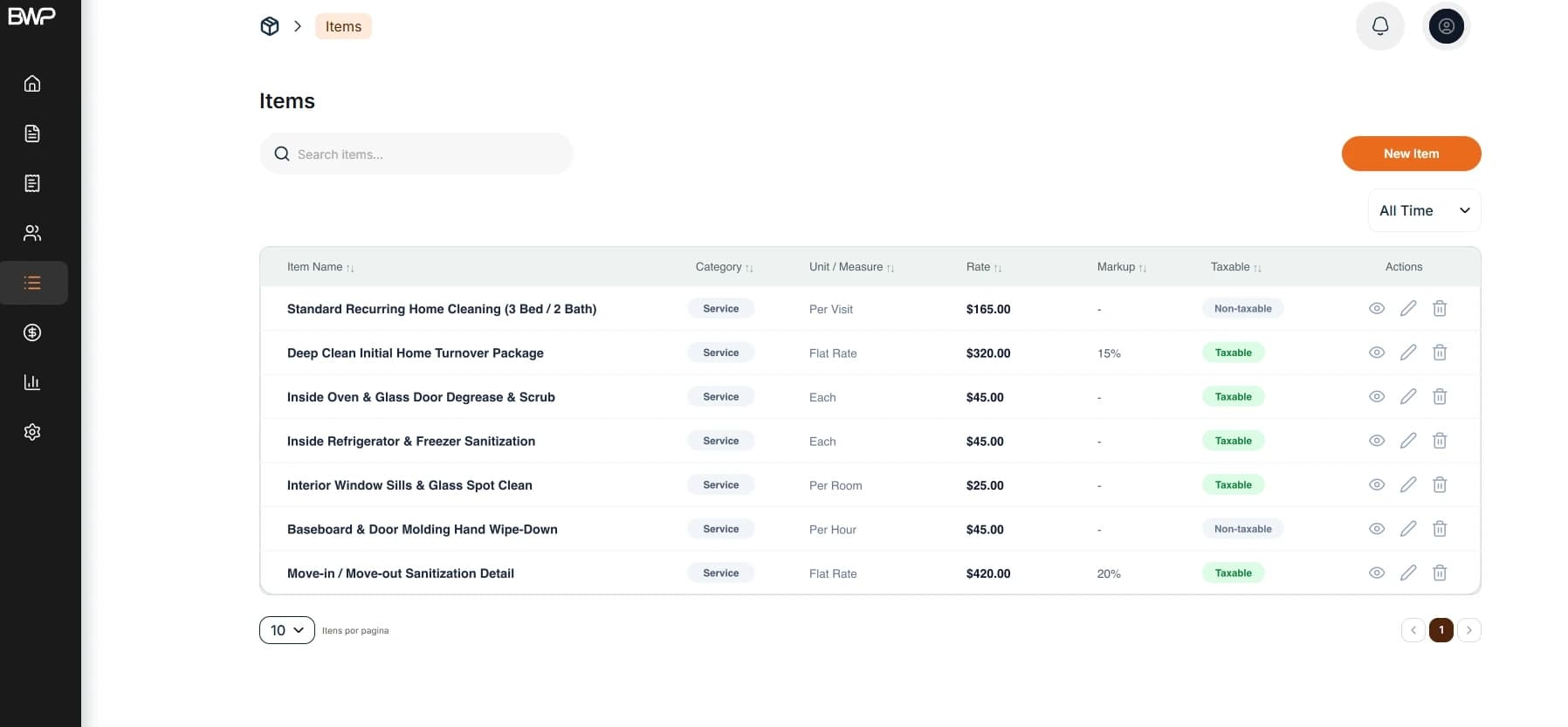 Your cleaning services saved in the Items Catalog