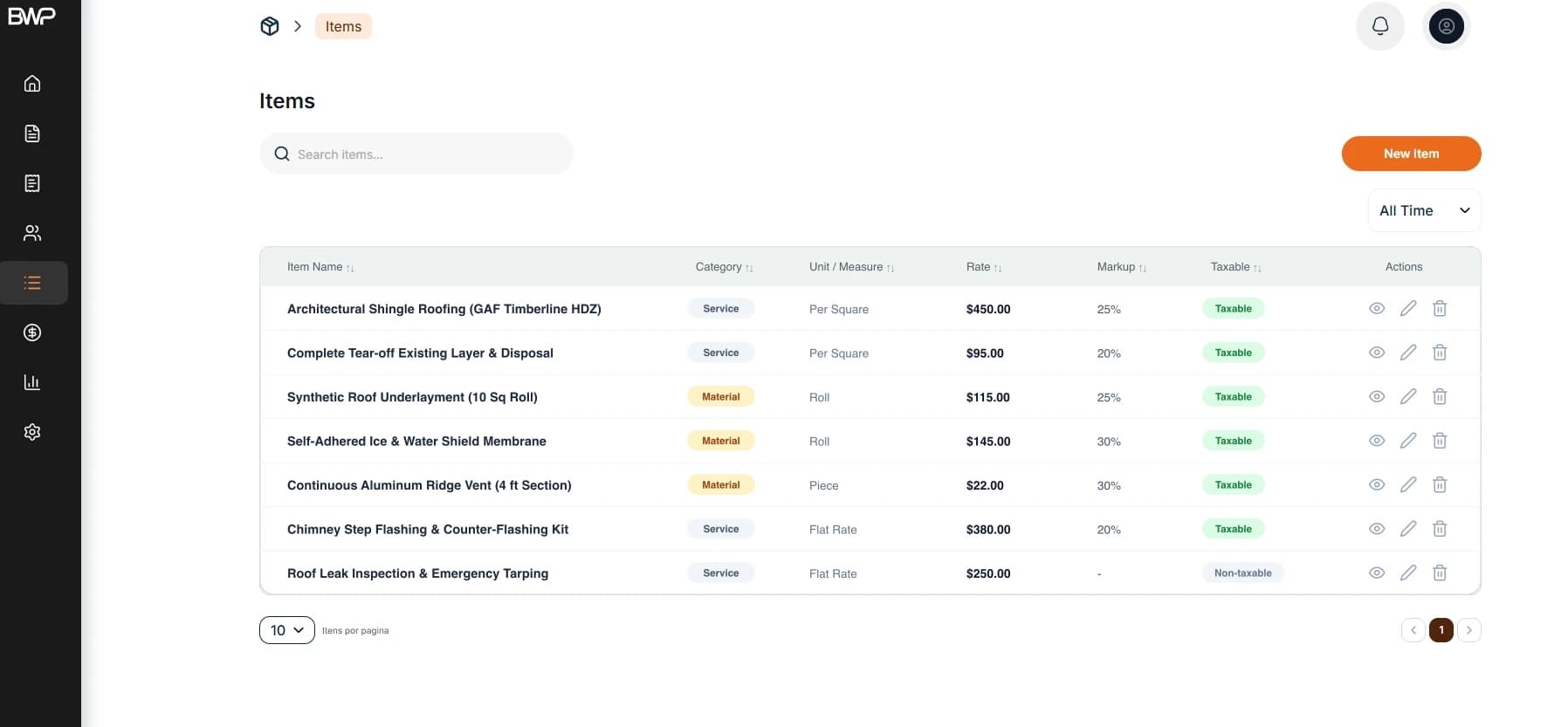 Your roofing services in the Items Catalog