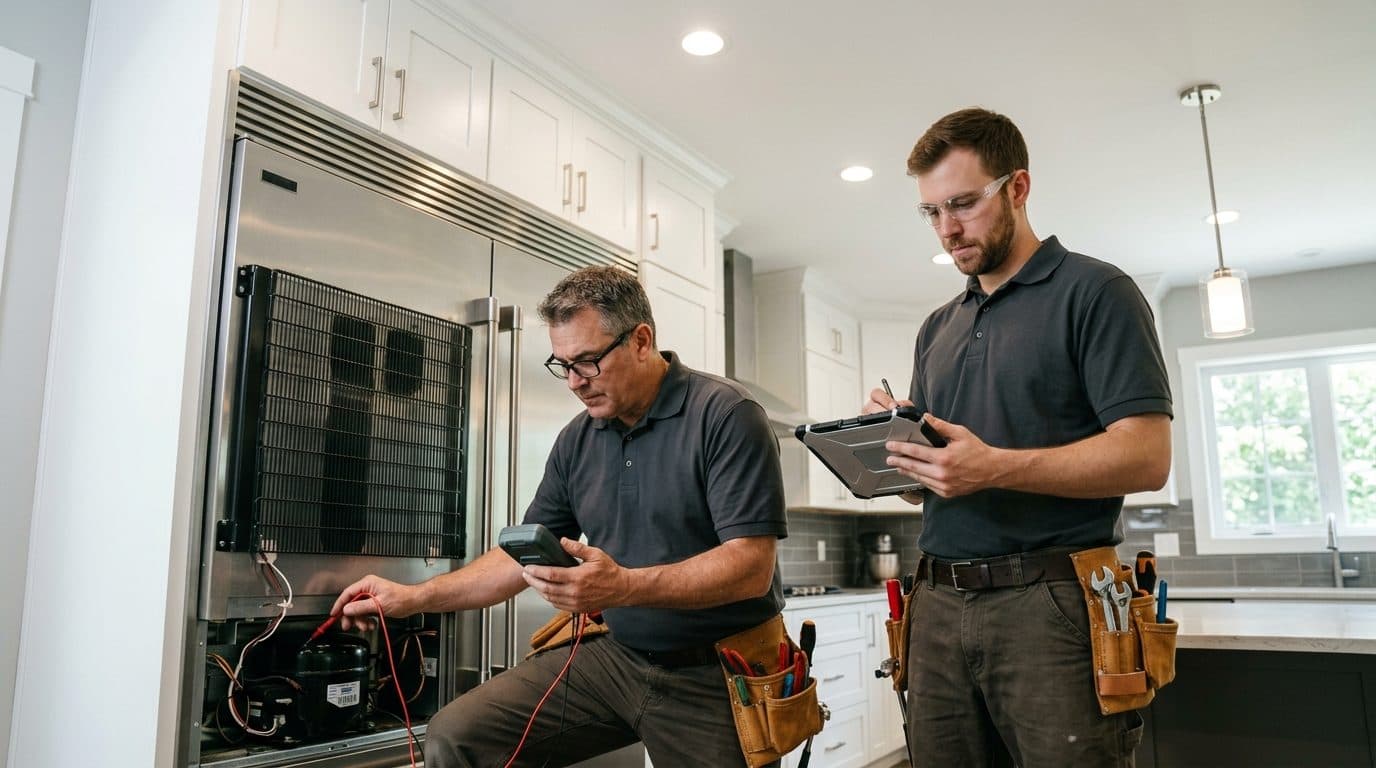 Técnico de electrodomésticos diagnosticando refrigerador moderno de acero inoxidable con multímetro y tableta en cocina