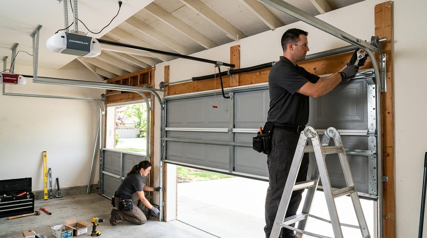 Garage door technician in branded uniform working on overhead door springs and holding digital tablet inside modern garage