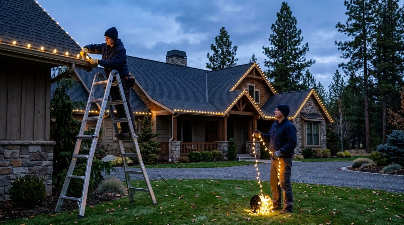 Professional holiday lighting installer on ladder attaching warm white commercial LED lights to residential roofline at dusk