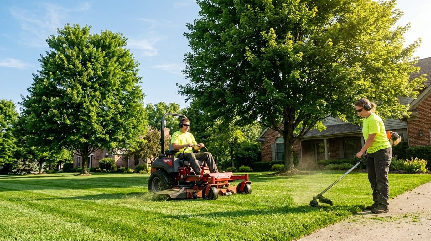 Lawn care specialist in branded uniform standing next to a commercial zero-turn mower on a manicured green lawn