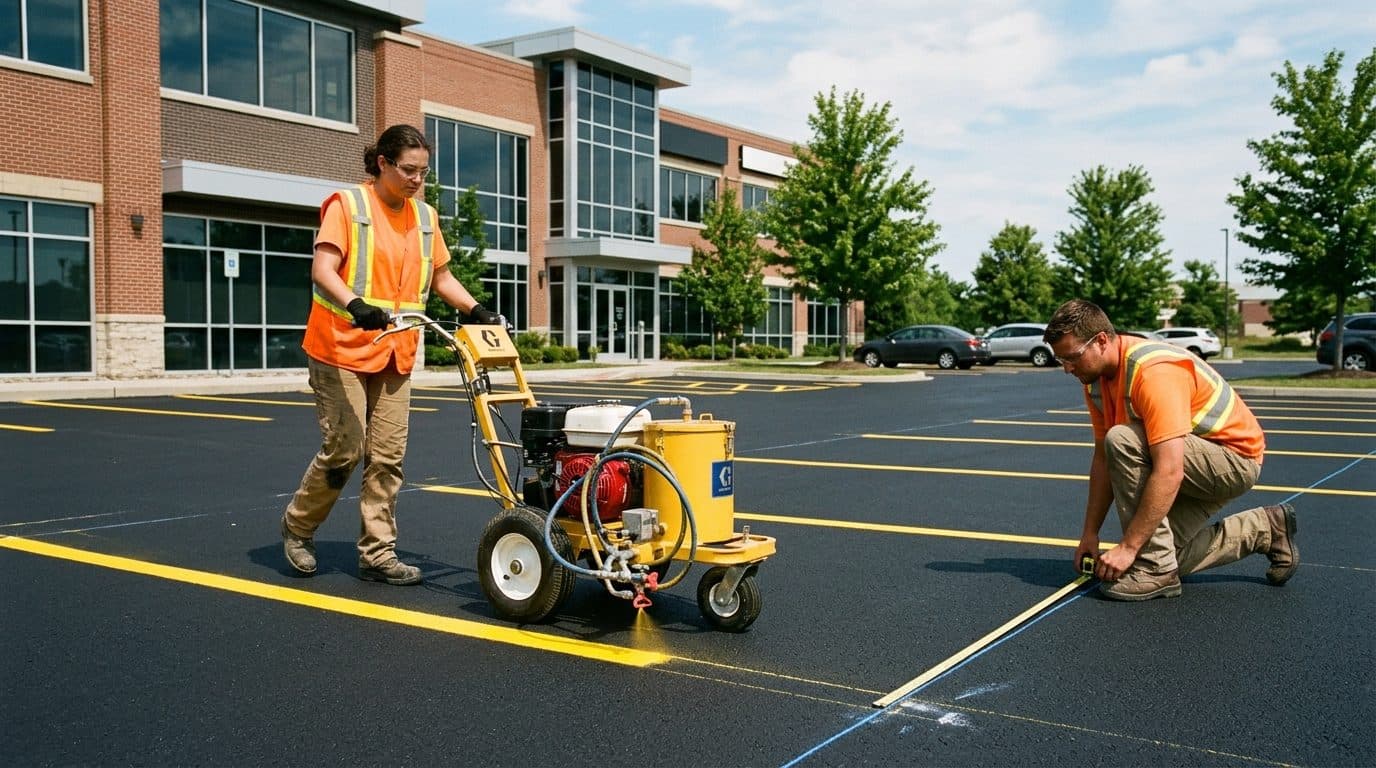 Pavement striping operator pushing an airless line striping machine painting crisp white parking stall lines