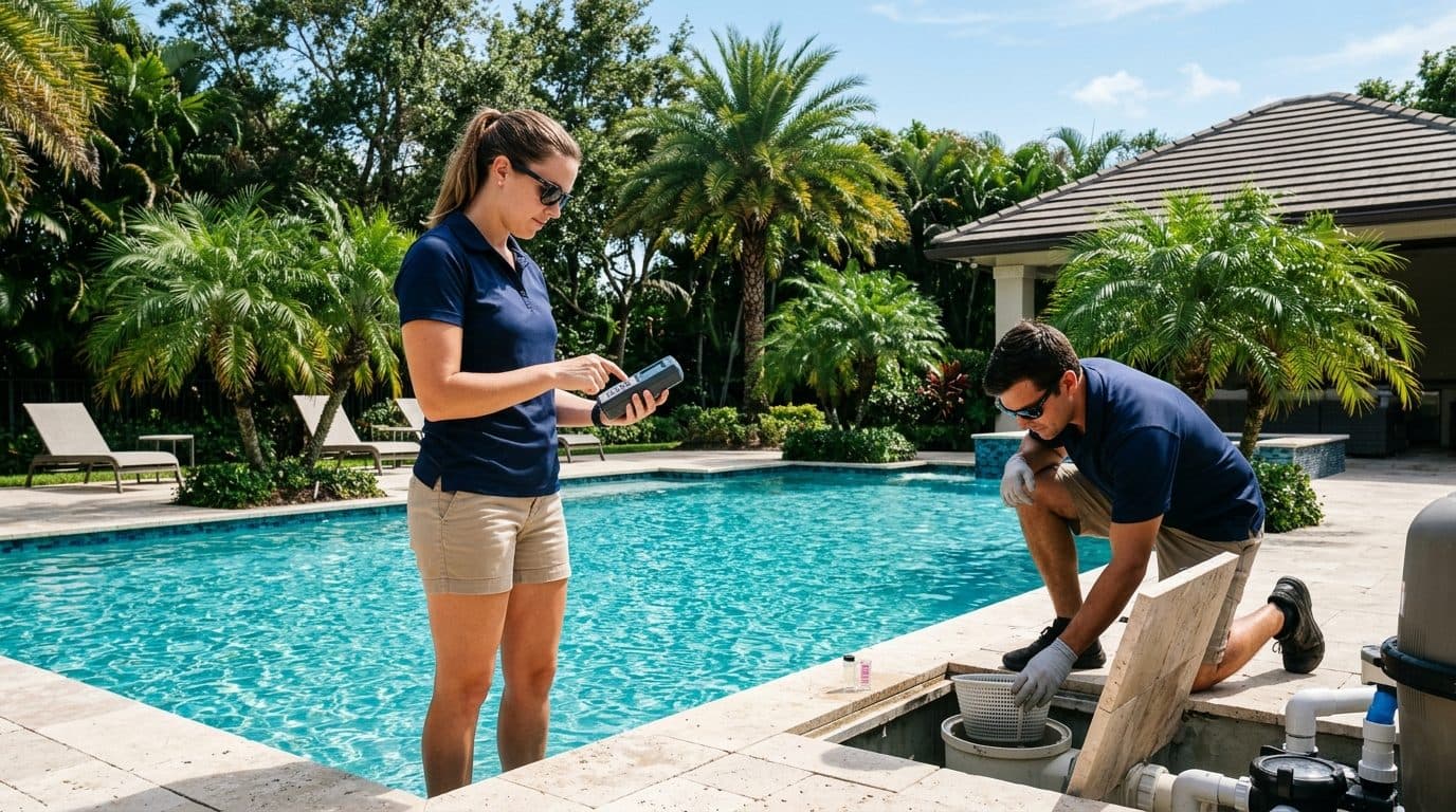 Técnico profesional de piscinas midiendo química del agua en piscina azul con tableta