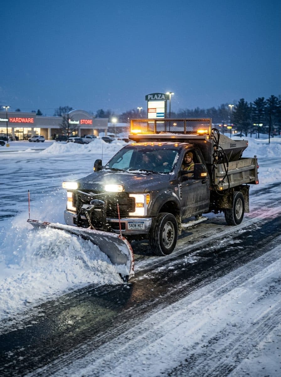 Heavy commercial snow plow truck clearing snow from commercial parking lot with salt spreader operating