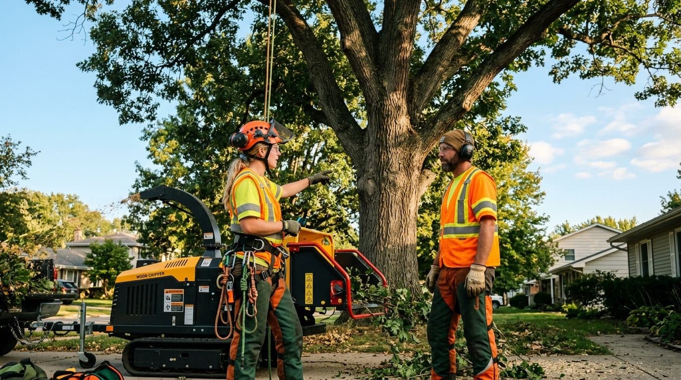 Arborista profissional com capacete e cinto de segurança segurando tablet próximo a triturador de galhos