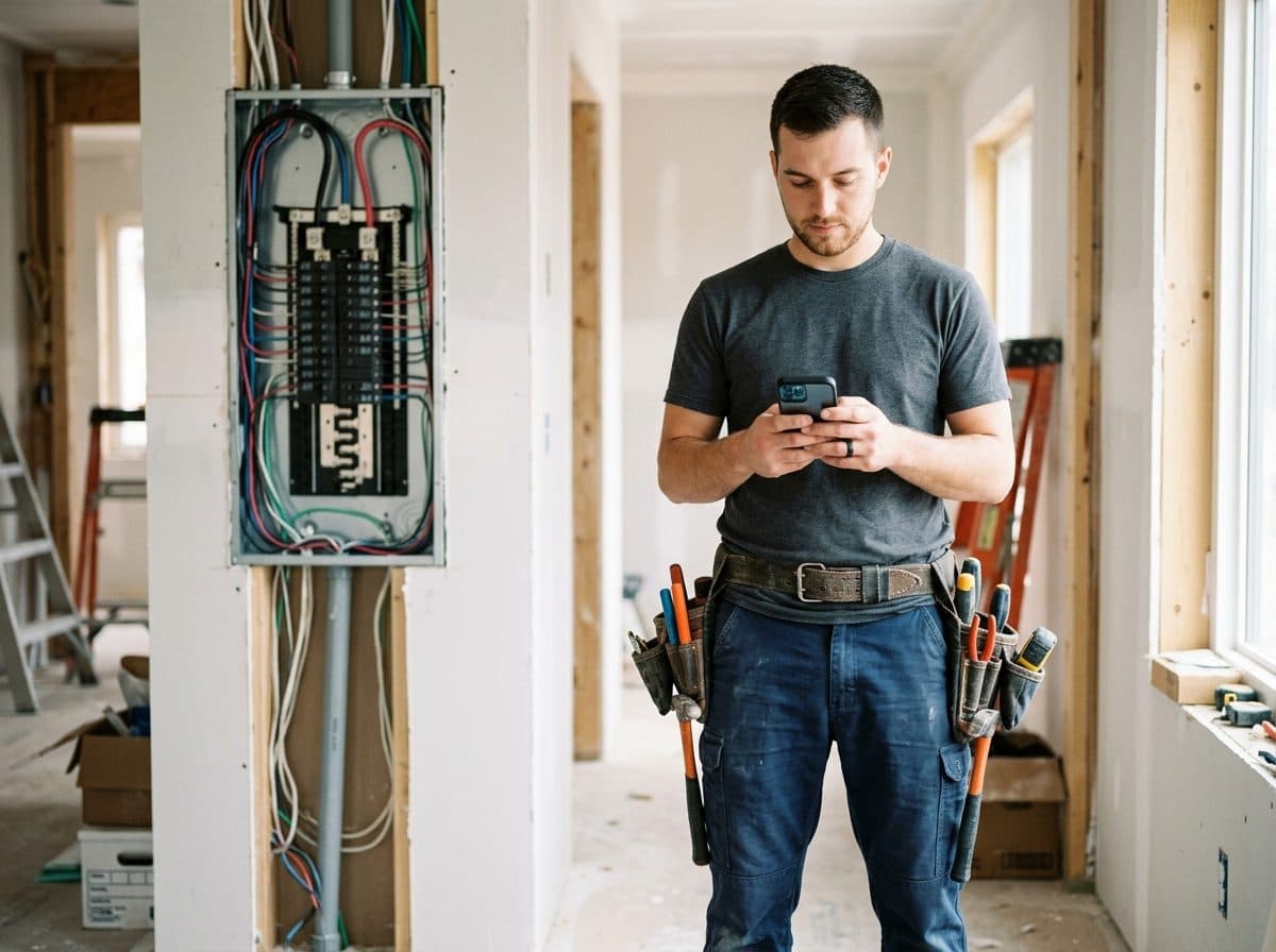Licensed master electrician inspecting a residential 200A breaker panel with a digital tablet
