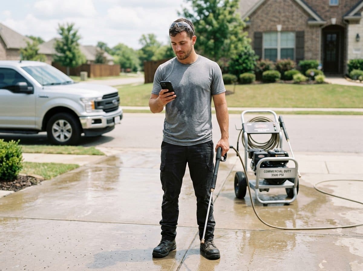 Professional pressure washing contractor in protective gear operating high pressure surface cleaner on residential driveway