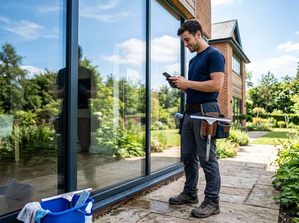 Profesional de limpieza de ventanas usando pértiga con agua pura en residencia moderna